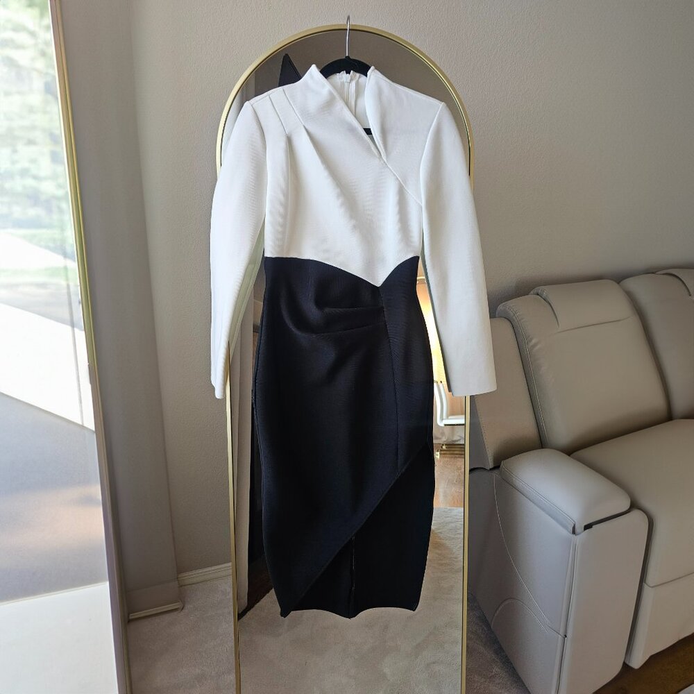 Black & White Long Sleeve Asymmetric Midi Dress